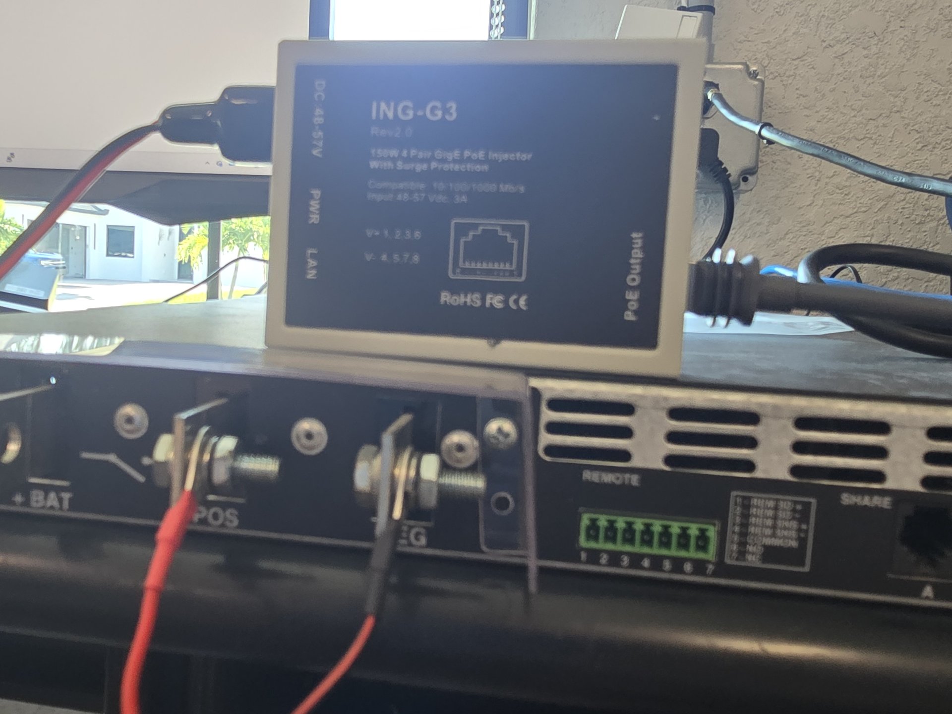 ING-G3 PoE injector installed and wired to the DC plant