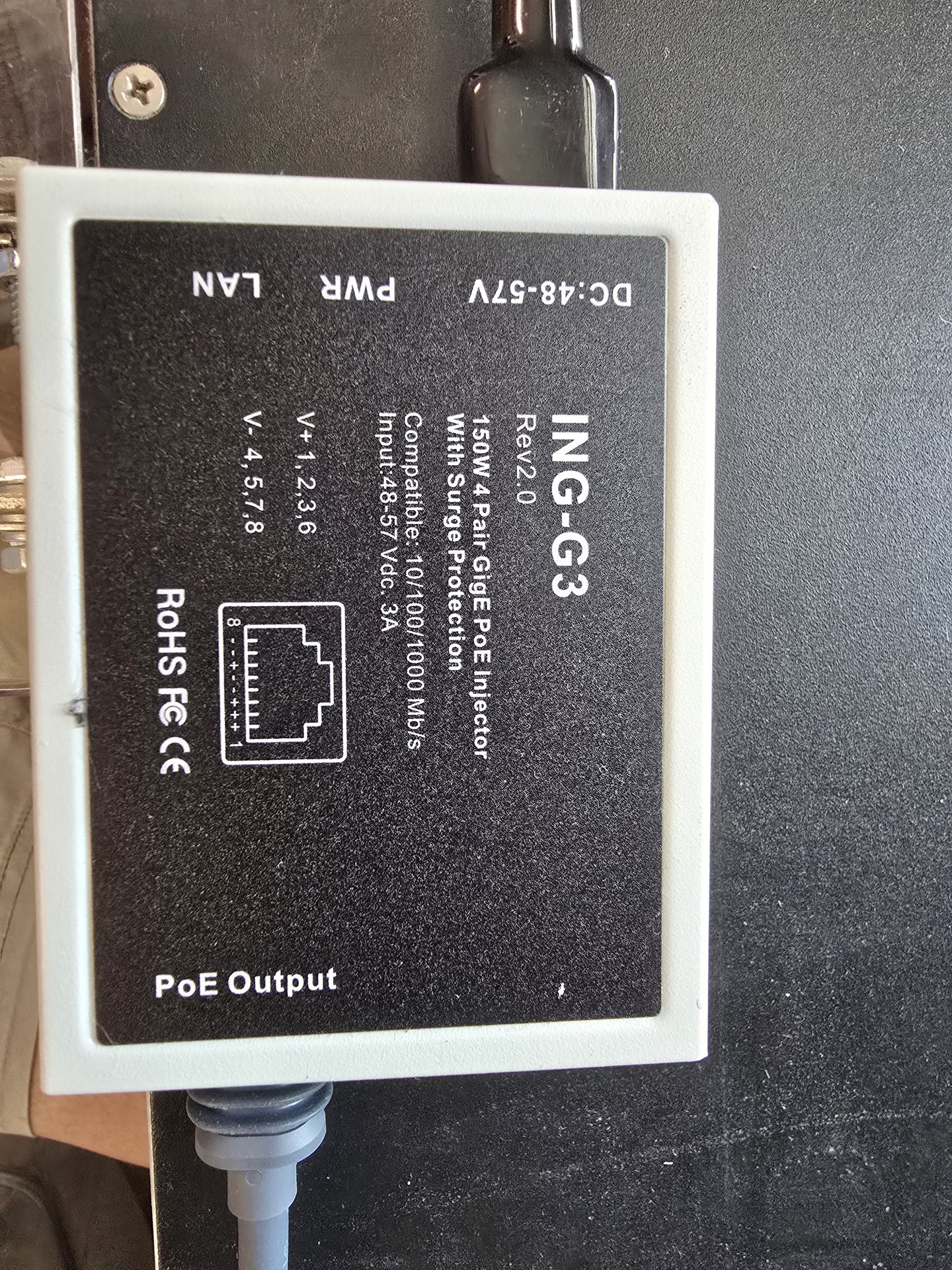 ING-G3 PoE injector label: 150W 4-pair GigE, input 48-57 Vdc 3A